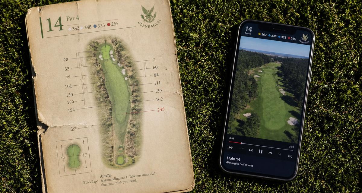 Sliten pappersbanguide bredvid en mobil som spelar upp en video av samma golfhål
