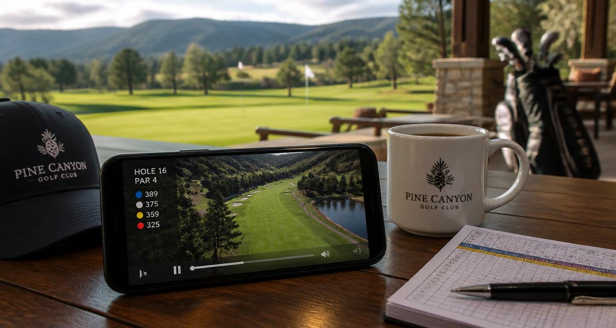 Mobil på ett bord i klubbhuset som visar en video av ett golfhål med banan i bakgrunden