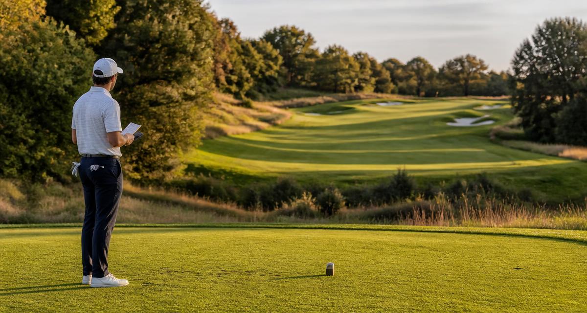 Golfare på tee som planerar slaget med banguide i handen framför ett dogleghål