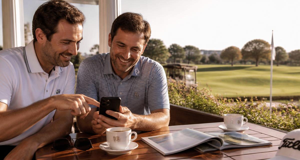 Två golfare tittar på en mobil vid klubbhuset och jämför golfbanor inför bokning