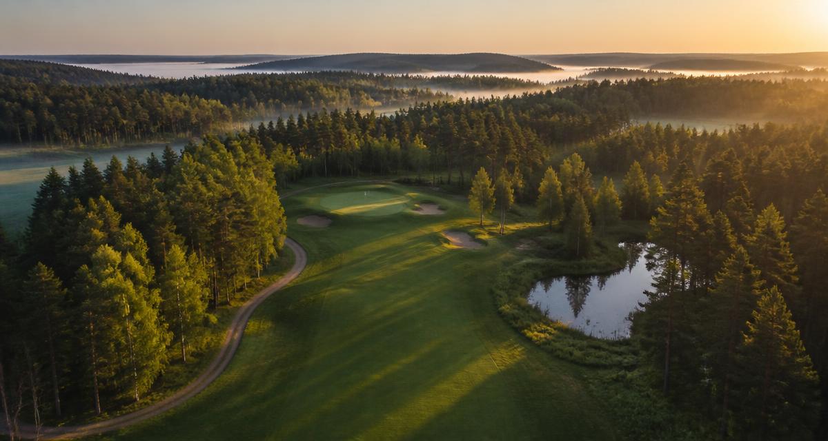 Drönarvy över ett golfhål i gryningen med fairway mellan tallskog och green i bakgrunden