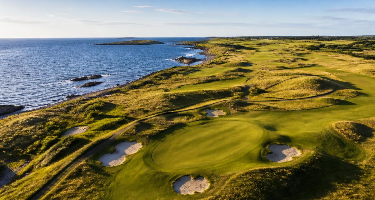 Flygbild över en svensk links-golfbana vid havet med bunkrar och green nära vattnet