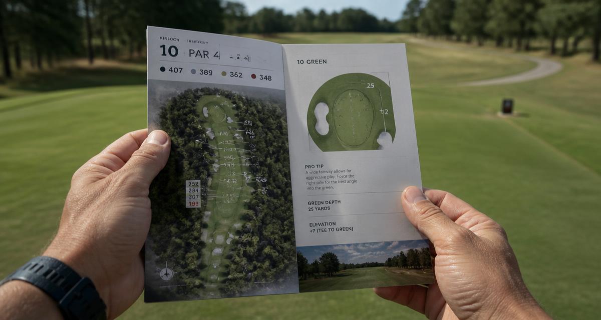 Golfare håller i en tryckt banguide med hålkarta och avstånd framför en fairway
